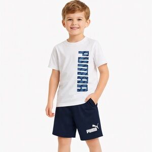 Puma Boys Athletic Set XS 5/6 Blue Shorts White Logo T-Shirt Activewear